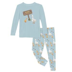 NEW KICKEE kids print long sleeve pajama set in spring sky feeding ducks